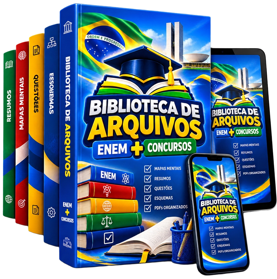 Acervo Biblioteca de Arquivos em mockup: livros, tablet e celular exibindo a capa ENEM e Concursos